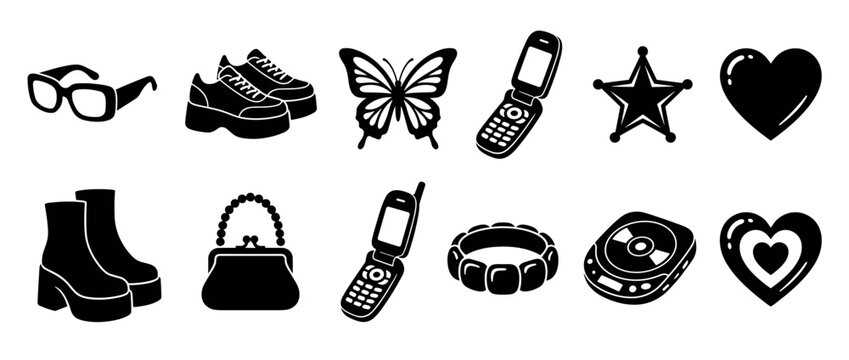 Black Y2K aesthetic icons collection featuring retro fashion and technology like platform boots, a flip phone, a CD player, and a butterfly in a simple graphic vector illustration