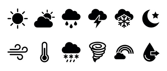 Naklejka premium Set of black weather forecast icons showing various meteorological conditions like sun, rain, snow, wind, and storm in a simple flat glyph style for user interface design