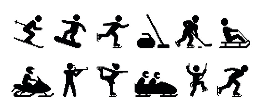 Set of black pixel art winter sports icons showing various athletic disciplines like skiing, skating, and bobsleigh in a minimalist retro 8-bit game style