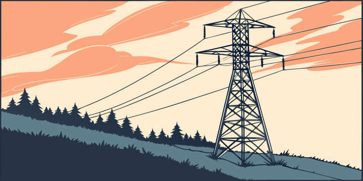 Power lines standing tall against a sunset amidst dense forest landscape