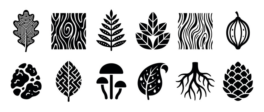 Collection of black nature-themed icons featuring stylized leaves, wood grain, mushrooms, roots, and a pine cone in a minimalist graphic design style for logos or symbols