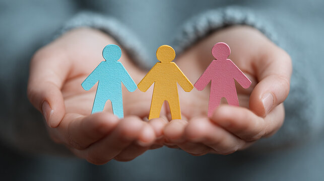 human resources concept with hands holding paper people figures representing employee care workplace safety diversity inclusion and corporate support culture