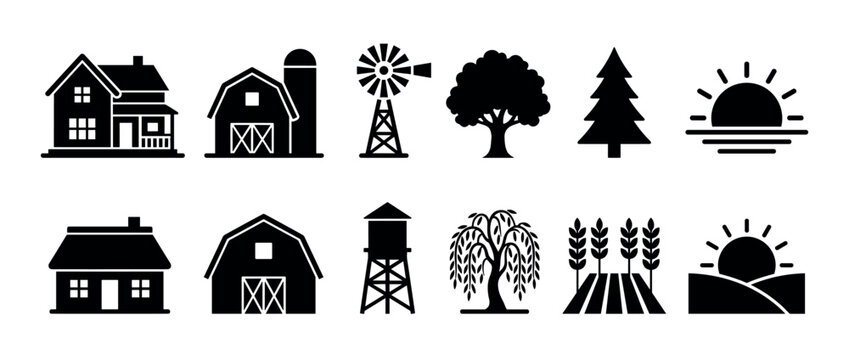 Collection of black farm and countryside icons featuring a house, barn, windmill, silo, water tower, trees, wheat field, and sun in a clean minimalist silhouette style