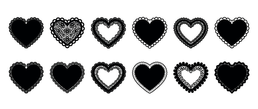 Black lace heart silhouettes and frames collection with various intricate, ornamental, and scalloped edge designs for romantic decoration, presented as a graphic vector set