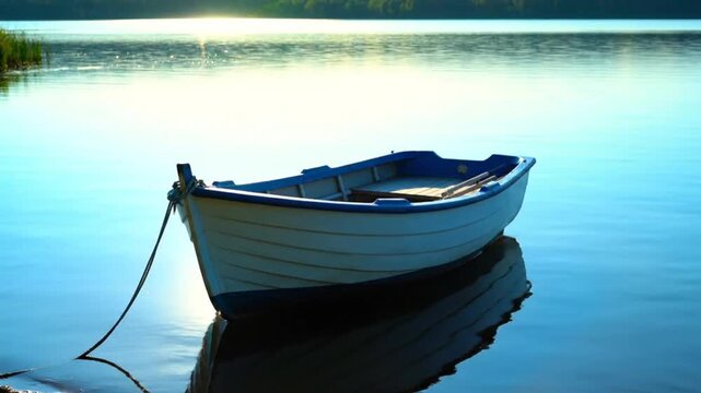 Small white and blue rowboat tied to shore on calm blue water.