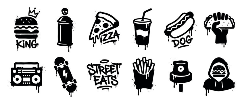 Set of black and white graffiti icons depicting street food and urban culture elements like a burger, pizza, spray can, and skateboard with a dripping paint effect