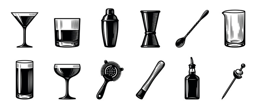 Collection of black and white barware icons including a shaker, jigger, strainer, and various cocktail glasses in a vintage woodcut illustration style for mixology concepts