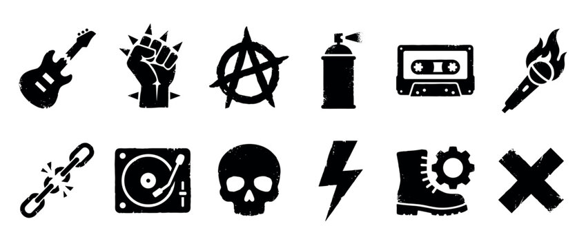 Set of black punk rock music icons with a grunge texture showing a guitar, skull, anarchy symbol, and raised fist for rebellious subculture themes