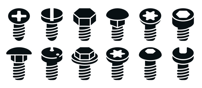 Collection of black screw and bolt icons featuring various head types like Phillips, slotted, and hex, presented as a minimalist glyph set for hardware and construction concepts