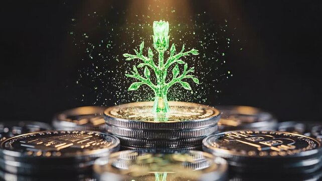 Plant emerges from coins, showcasing growth from investment. Dark background highlights coins and plant details. Concept of finance, investment, banking