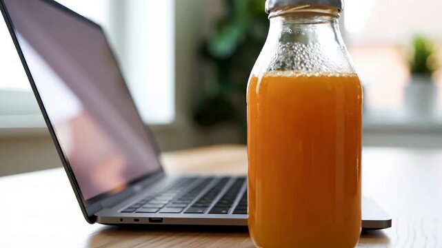 Juice bottle stands on wooden desk next to laptop. Bright room with sunlight coming through windows. Concept of remote work, healthy lifestyle, beverage industry