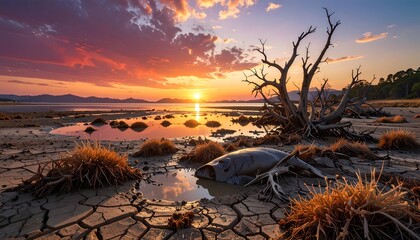 Arid landscape with dead vegetation and animal carcass at sunset