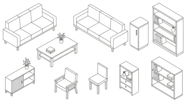 Collection of isometric furniture drawings for interior design.