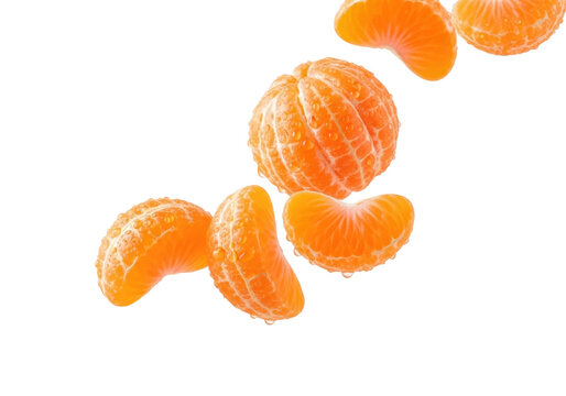 Vibrant, peeled mandarin orange segments with dew drops, glossy & succulent, dynamically floating against a transparent background, showcasing fresh vitality concept