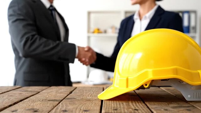 Business professionals shaking hands with yellow hard hat on wooden table, collaboration concept