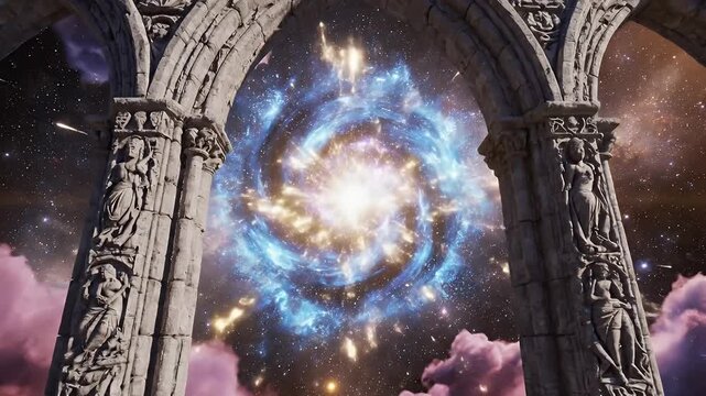 Ancient Gothic Arch Frames a Vortex of Space and Nebulae Beyond