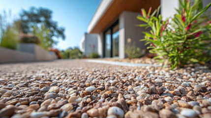 resin bound gravel driveway close up with small pebble stones and resin surface in front of modern house exterior representing landscaping design and outdoor paving construction