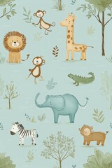 Fototapeta premium Cute cartoon jungle animals seamless pattern. Safari animals pattern with giraffes, elephants, and lions on a light blue background