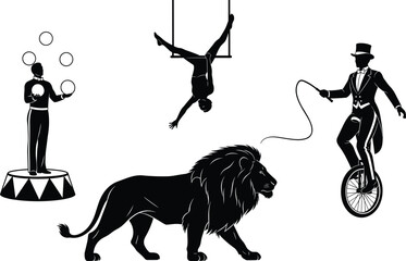 Circus performance silhouette set, lion tamer with whip, juggler on pedestal, trapeze artist and unicycle rider for carnival event design. © MdFiroz