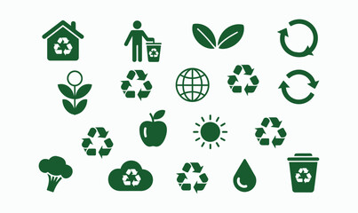 Eco-Friendly Sustainability Icon Set with Recycling Symbols Green Energy and Environmental Conservation Elements