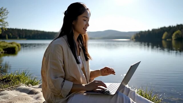 Nomad types on laptop near lake. Time of day is bright and clear. Location features trees and mountains in background. Concept of remote work, outdoor workspace, digital nomads