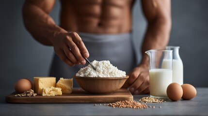 Fototapeta premium A muscular figure stirs a bowl of cottage cheese while surrounded by healthy foods like eggs, milk, oats, and cheese, creating a culinary masterpiece in an inviting kitchen