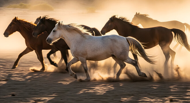 Wild white horses galloping desert mountains dust