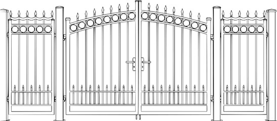 Ornate wrought iron gate with decorative circular motifs and pointed finials