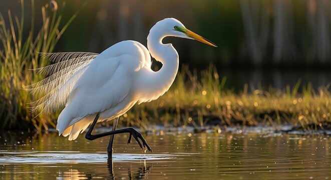 Elegant white egret wading in tranquil water with sunlight reflecting