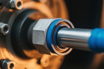 Close-up of a mechanical shaft with hex nut and blue seal in industrial machinery