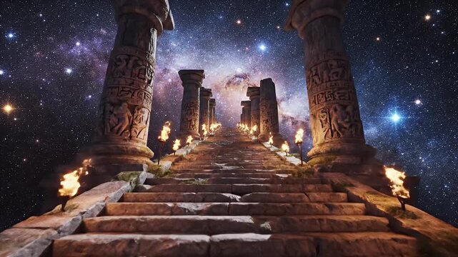 Ancient Stone Staircase Ascends Through Monumental Ruins Toward Moonlit Temple Gateway Framed by Firelit Pillars