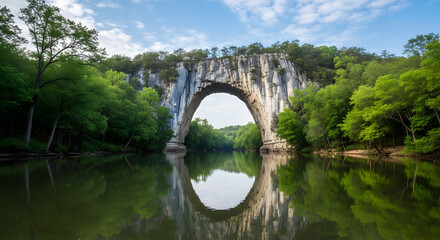 Natural rock arch over calm river sunset reflection