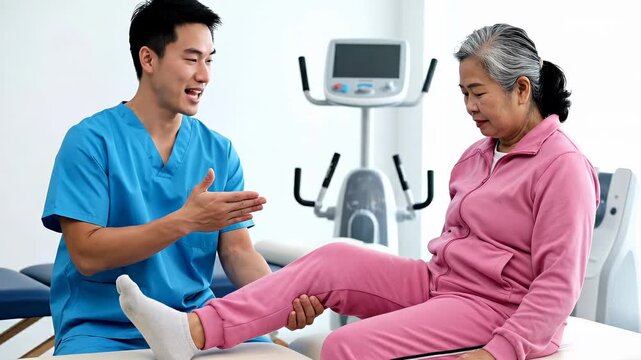 Therapist assists patient with leg exercises in rehabilitation clinic. Bright and clean room with gym equipment in background. Concept of healthcare, physical therapy, wellness