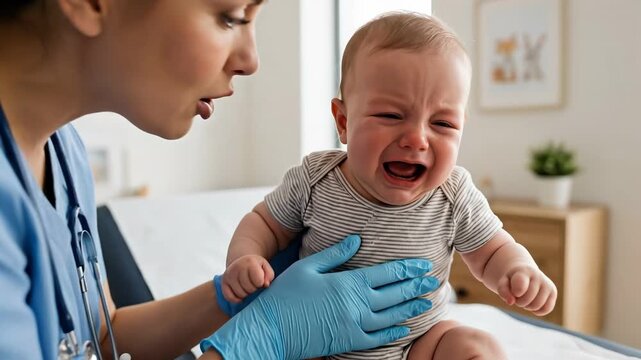 Baby crying while sitting on examination table during checkup. Nurse interacts with baby in bright room with minimal furniture. Concept of pediatric care, healthcare, child wellness