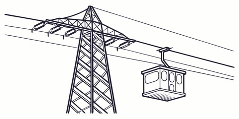 A power transmission tower with a suspended cable car system in the background © Bf