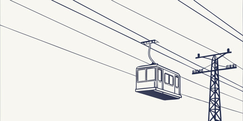 A vintage cable car suspended above a network of electrical wires © Bf