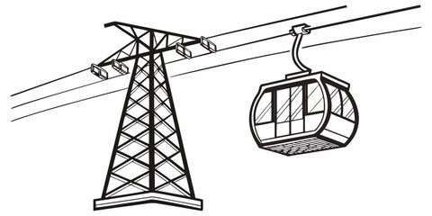 A cable car suspended above the ground powered by an electrical transmission tower. © Bf