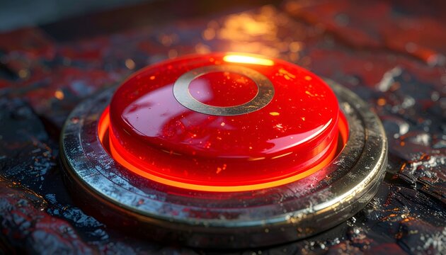 A glowing red button with metallic accents sits on a textured surface