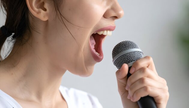 Close up of a person singing loudly into a microphone with mouth open