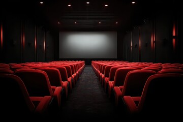 Fototapeta premium Empty Movie Theater with Red Velvet Seats and Large Silver Screen in Dark Room with Black Walls and Carpeted Floor Lit by Soft Spotlights