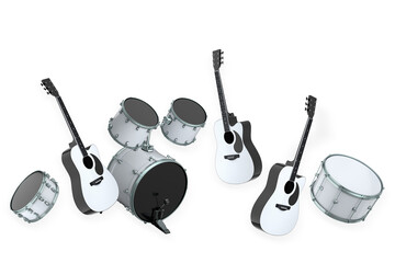 Naklejka premium Set of electric acoustic guitars and drums with cymbals on white background