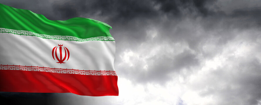 National flag of Iran with dark clouds , 3D rendering.