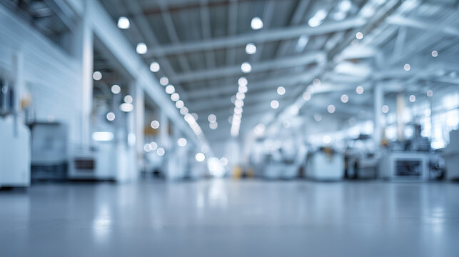 Bright spacious modern factory floor stretches into soft bokeh background lighting.