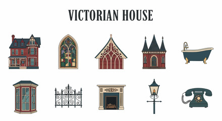 Collection of ten vector illustrations related to Victorian houses and decor © Faisal