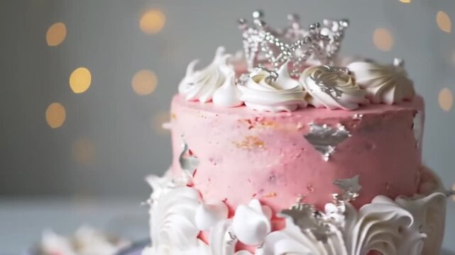 Festive pink cake decorated with meringue and silver accents, topped with a crown.