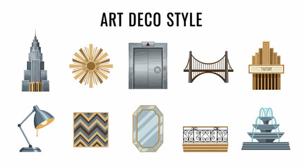 Illustration of various Art Deco style icons including a skyscraper sunburst elevator bridge theater marquee lamp rug mirror balcony and fountain © Faisal