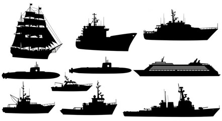 Collection of various ship silhouettes including sailboats, cargo ships, and submarines. © Vita