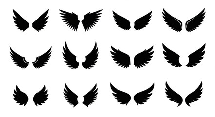 Obraz premium Collection of various black wings illustrations on white background.