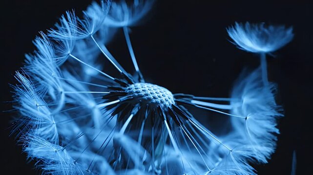 Close-up view of a blue-tinted dandelion seed head with radiating filaments against a dark background