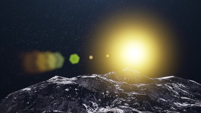 Sunrise Over Rugged Asteroid Surface in Deep Space